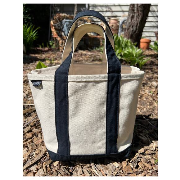 Lands End Handbags - Lands End Small Canvas Tote Bag Cream Navy Double Handle Purse Lunch Boat Swim